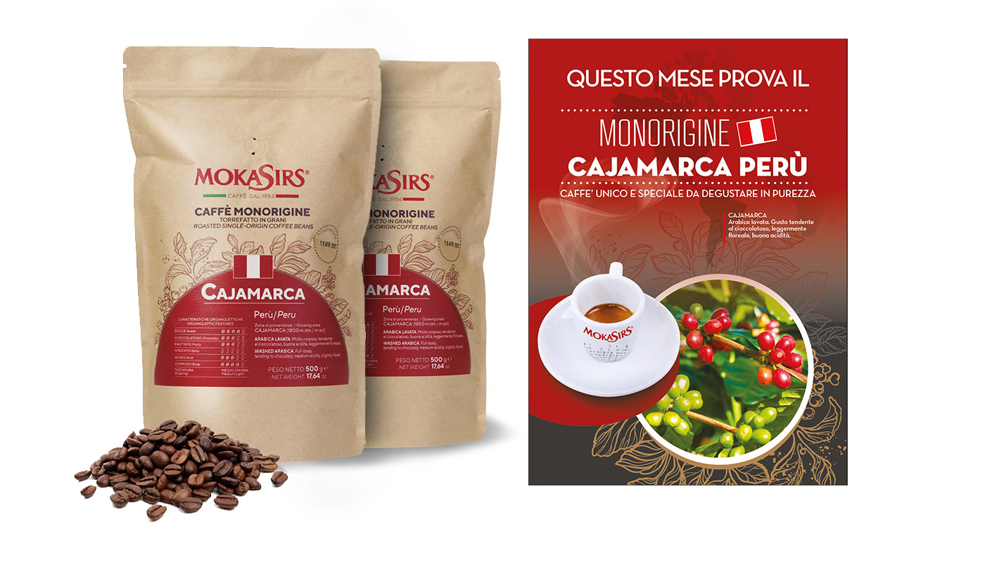 Caffè, monorigine, Cjamarca, Perù, miscela, grani, mokasirs, macinato, solubile, capsule, cialde, caffetteria